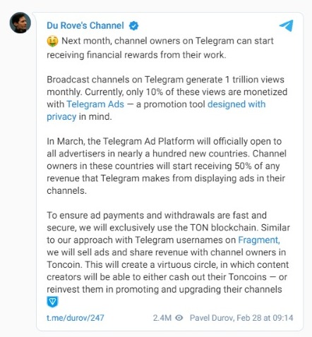 Comunicado monetização de canais do Telegram